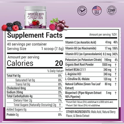 Beetroot Powder, 10.59 oz, 40 Servings - Superfood for Blood Pressure Support, Nitric Oxide Booster, Beet Root Extract, BCAA for Heart Health, Green Tea Extract, Berry Flavor