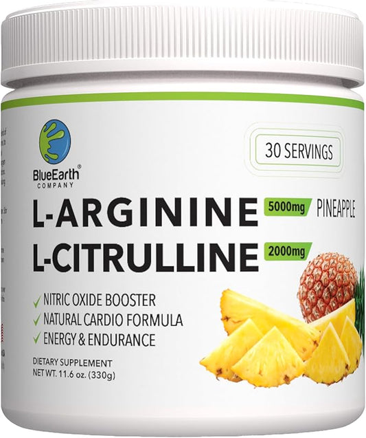 L-Arginine 5000mg + L-Citrulline 2000mg Complex Powder Supplement - Nitric Oxide Booster - Heart Health, Circulation, Energy & Endurance - 30 Servings (Pineapple)