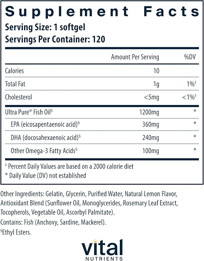 Vital Nutrients Ultra Pure® Fish Oil 700 | Supports Heart, Brain, and Joint Health* | Sustainably Sourced High EPA & DHA Omega-3 Fatty Acid | Lemon Flavor | Gluten, Dairy & Soy Free | 120 Softgels