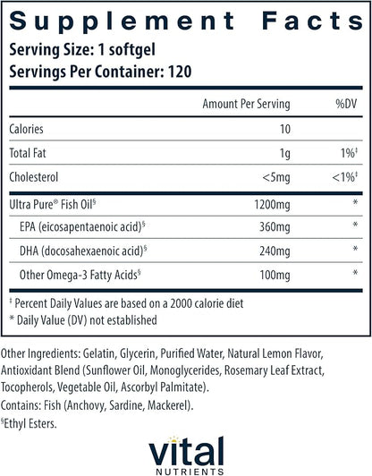 Vital Nutrients Ultra Pure® Fish Oil 700 | Supports Heart, Brain, and Joint Health* | Sustainably Sourced High EPA & DHA Omega-3 Fatty Acid | Lemon Flavor | Gluten, Dairy & Soy Free | 120 Softgels