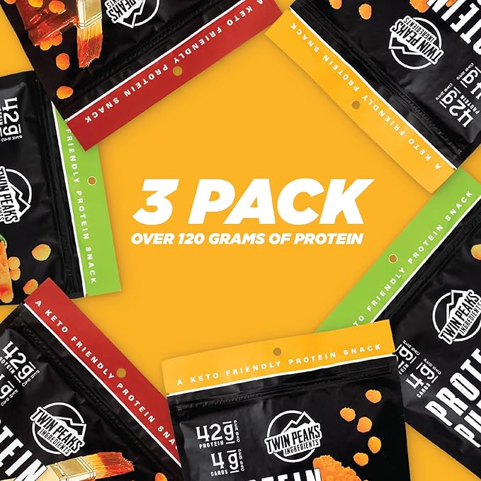 Twin Peaks Ingredients Low Carb, Keto Friendly Protein Puffs, (Variety Pack, 2.1 Ounce), 2 Servings, 3 Pack (60g, 42g Protein, 4g Carbs)
