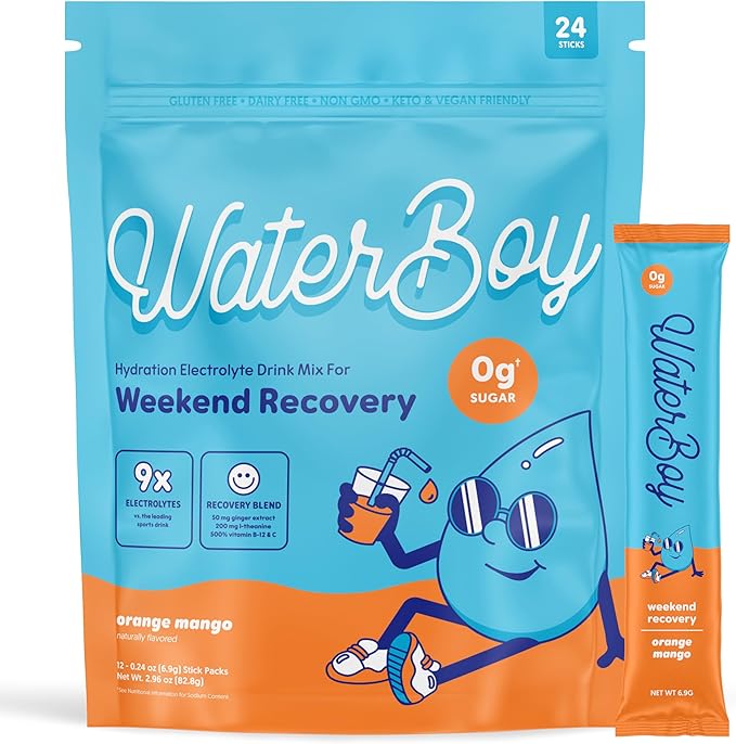 Waterboy Weekend Recovery | 3,200mg Electrolyte Powder Packets | Ginger + L-Theanine + Vitamins | No Sugar, All Natural, Gluten Free | 24 Drink Stick Mixes (Orange Mango)