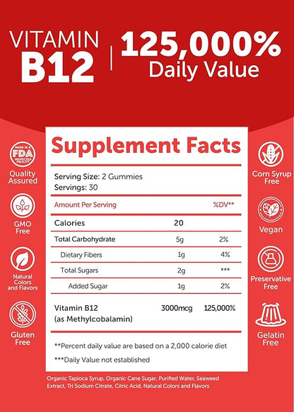 Vitamin B12 Gummies for Adults - Tastiest Proprietary Formula - 3000mcg Methyl B-12 High Absorption Energy Gummies - Non-GMO Vegan Vit B12 - Chewable B 12 for Energy Support and Bone Health - 12 Pack