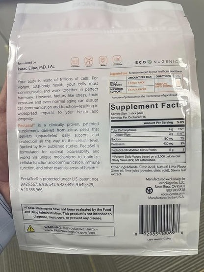 EcoNugenics PectaSol Modified Citrus Pectin – 15 5g Lime Stick Packs – Total-Body Health Supplement to Support Heart,Immune System, Inflammation Response & Aging + Maintain Healthy Galectin-3 Levels