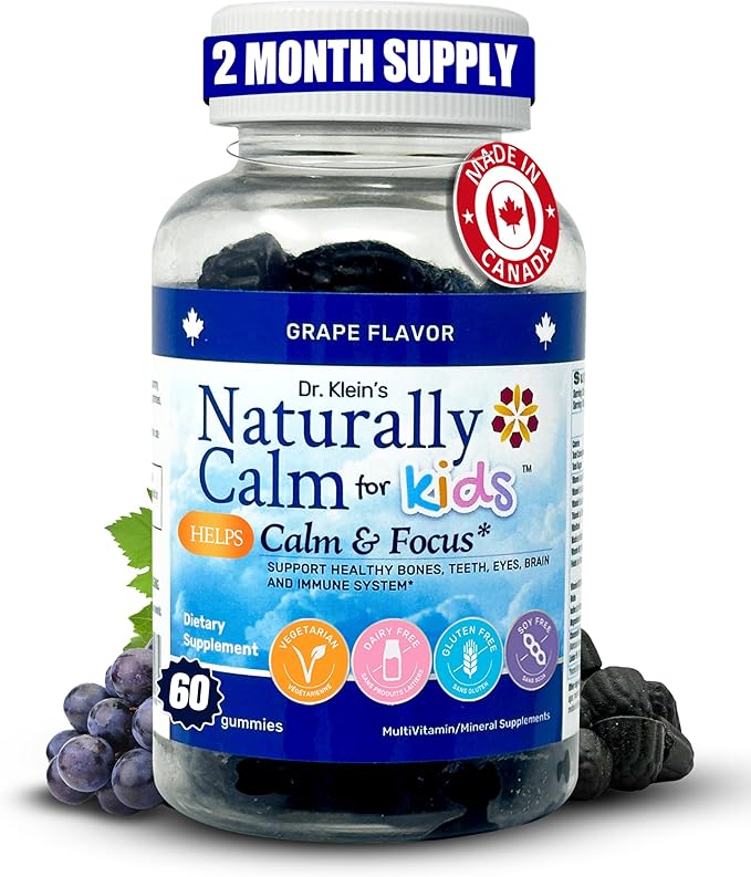 Dr. Klein's Naturally Calm Gummies for Kids - Chamomile, Linden, & Magnesium for Soothing Kids Ages 5+ Vitamins to Aid Sleep - Magnesium Gummies for Kids - Calm Chews for Kids - Grape Sugar-Free 60ct