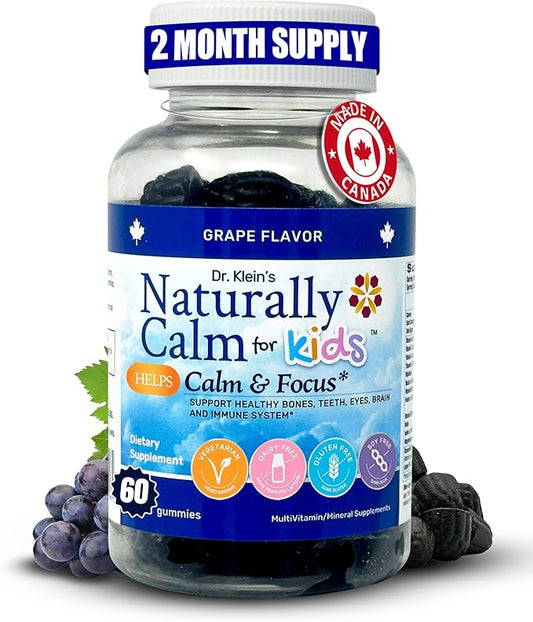 Dr. Klein's Naturally Calm Gummies for Kids - Chamomile, Linden, & Magnesium for Soothing Kids Ages 5+ Vitamins to Aid Sleep - Magnesium Gummies for Kids - Calm Chews for Kids - Grape Sugar-Free 60ct