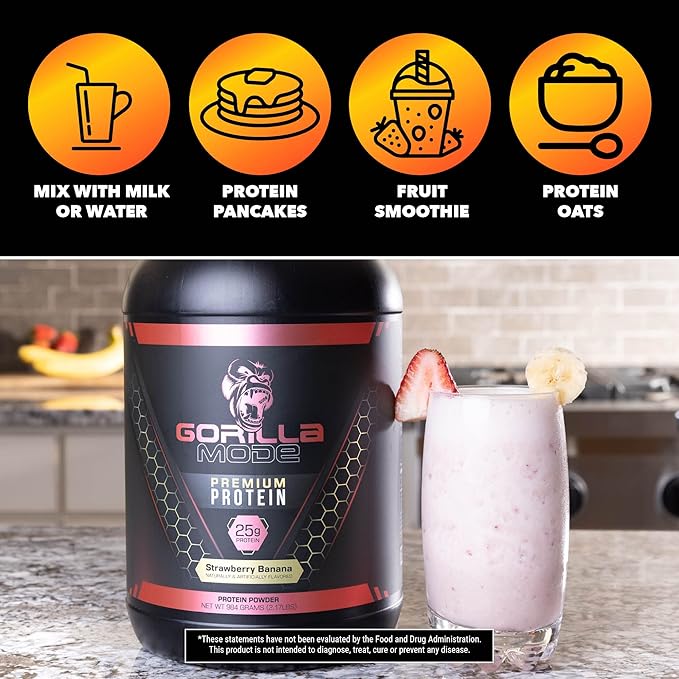 Gorilla Mode Premium Whey Protein - Strawberry Banana / 25 Grams of Whey Protein Isolate & Concentrate/Recover and Build Muscle (30 Servings)