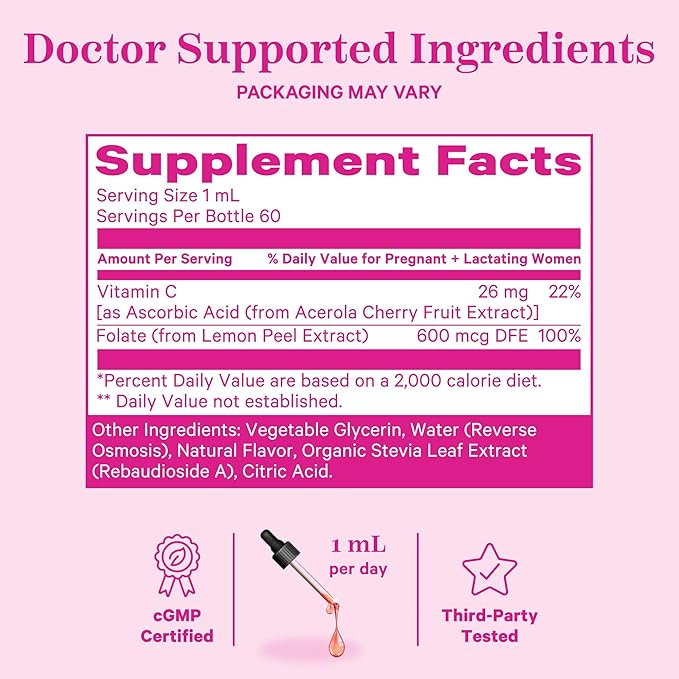Pink Stork Liquid Folate: Whole-Food Vitamin B9 from Lemon Peels, Natural Folic Acid with Vitamin C, Liquid Prenatal Vitamins for Women, Pregnancy Must Haves, Women-Owned, 2 oz