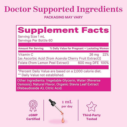 Pink Stork Liquid Folate: Whole-Food Vitamin B9 from Lemon Peels, Natural Folic Acid with Vitamin C, Liquid Prenatal Vitamins for Women, Pregnancy Must Haves, Women-Owned, 2 oz