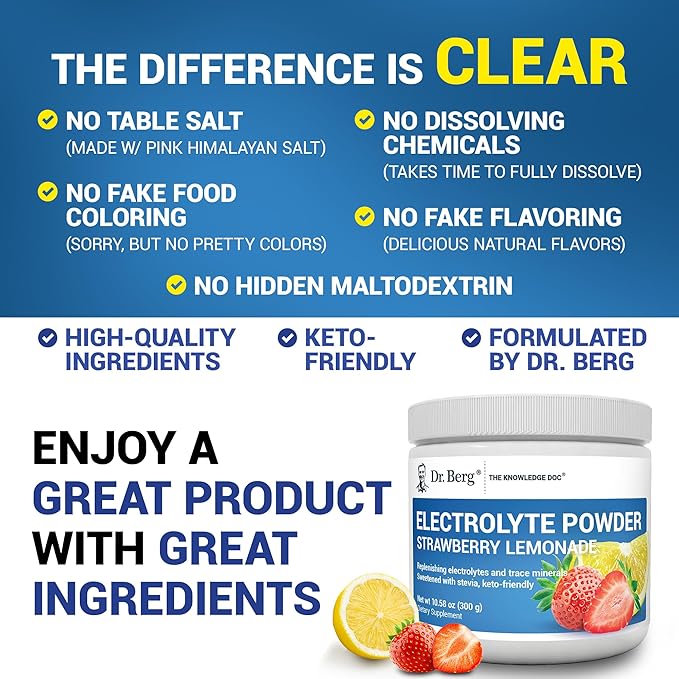 Dr. Berg Zero Sugar Hydration Keto Electrolyte Powder - Enhanced w/ 1000 mg of Potassium & Real Pink Himalayan Salt (NOT Table Salt) - Strawberry & Lemonade Hydration Drink Supplement - 50 Servings