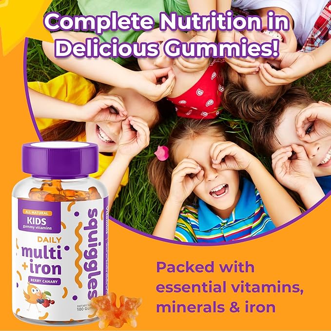 Squiggles Kids Multivitamin + Iron Gummies 100ct. | All-Natural, Low Sugar, and Super Yummy | Broad Spectrum of Vitamins and Minerals with a Boost of Iron.