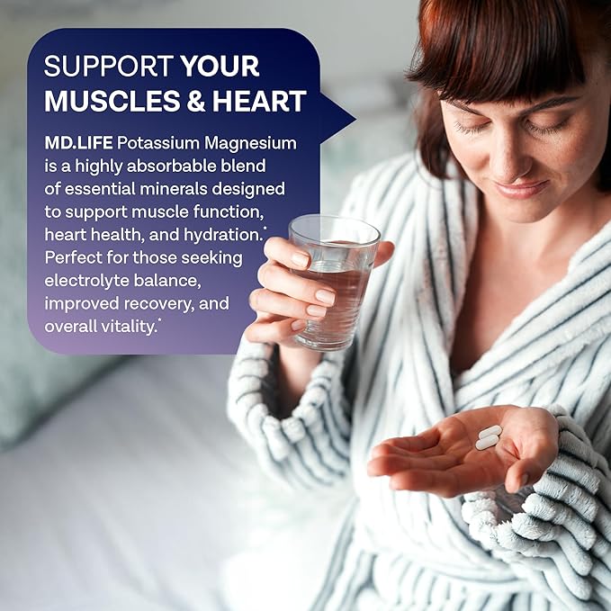 MD. Life Magnesium Potassium Supplement - 60 Capsules - High Absorption Magnesium Complex - Magnesium Supplement to Support Vascular Health & Leg Cramp 60cts
