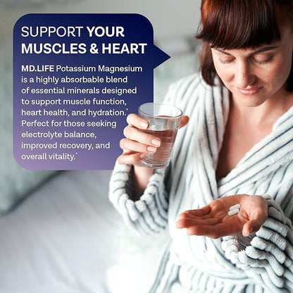 MD. Life Magnesium Potassium Supplement - 60 Capsules - High Absorption Magnesium Complex - Magnesium Supplement to Support Vascular Health & Leg Cramp 60cts