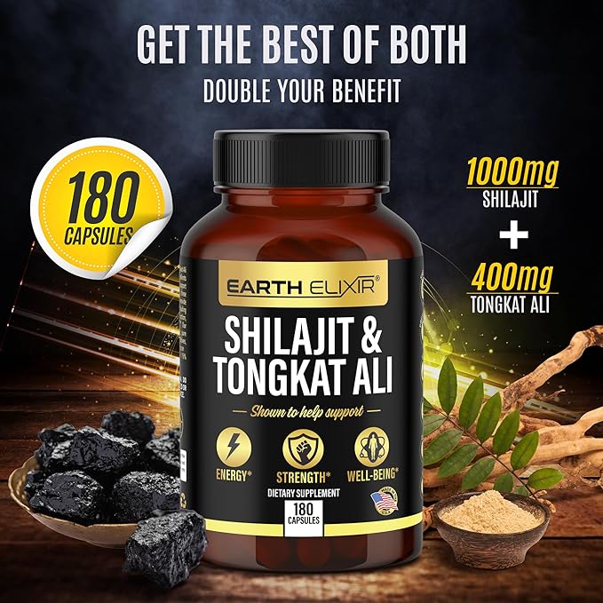 Shilajit 1000mg & Tongkat Ali 400mg (180 Capsules) Made in USA-Shilajit Supplement (20% Fulvic Acid) Shilajit Pure Himalayan Organic & Tongkat Ali for Men More Potent Than Shilajit Resin