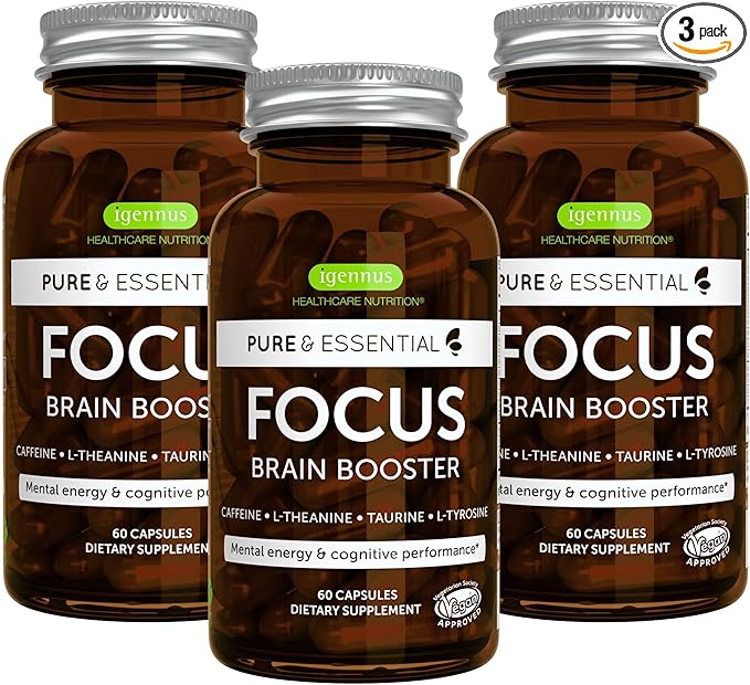 Pure and Essential Focus Comprehensive Nootropic, 200mg Caffeine, L-Theanine, Taurine, L-Tyrosine, B-Vitamins, Non-GMO, Brain Booster and Cognitive Performance, Fast Acting & Non Jittery, 180 Capsules