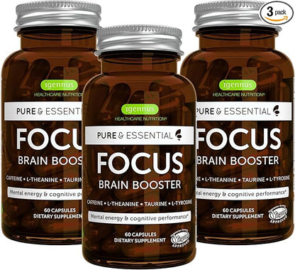 Pure and Essential Focus Comprehensive Nootropic, 200mg Caffeine, L-Theanine, Taurine, L-Tyrosine, B-Vitamins, Non-GMO, Brain Booster and Cognitive Performance, Fast Acting & Non Jittery, 180 Capsules