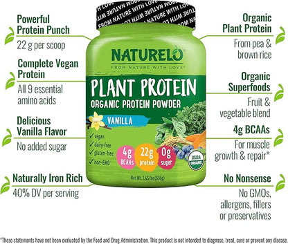 NATURELO Plant Protein Powder, Vanilla, 22g Protein - Non-GMO, Vegan, No Gluten, Dairy, or Soy - No Artificial Flavors, Synthetic Coloring, Preservatives, or Additives - 20 Servings