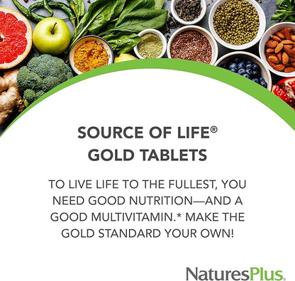 Natures Plus Source of Life Gold Multivitamin - 180 Tablets - with Vitamins D3 & B12 - Blood, Bone & Immune Support - Vegetarian & Gluten Free - 60 Servings