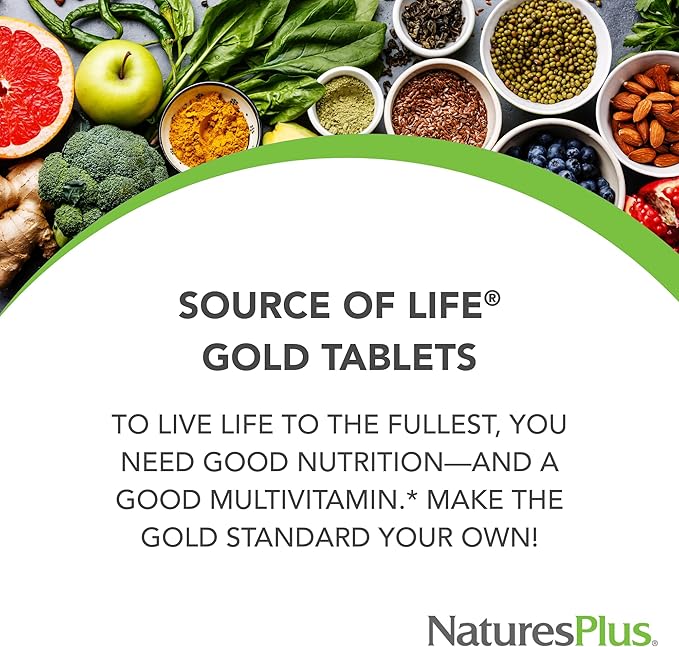 Natures Plus Source of Life Gold Multivitamin - 180 Tablets - with Vitamins D3 & B12 - Blood, Bone & Immune Support - Vegetarian & Gluten Free - 60 Servings