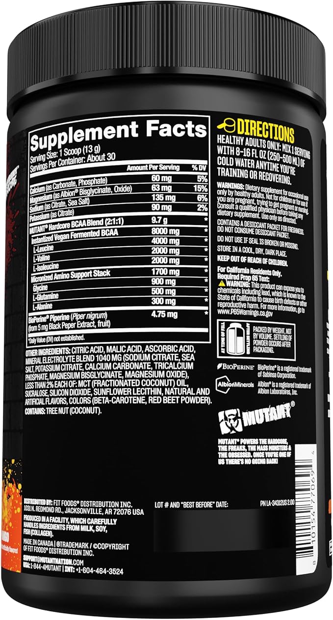 Mutant Hardcore BCAA - Pre, Intra or Post Workout – BCAA Next Level branched-Chain Amino Acids Supplement – Hydration + Recovery - 30 Serving - Mango