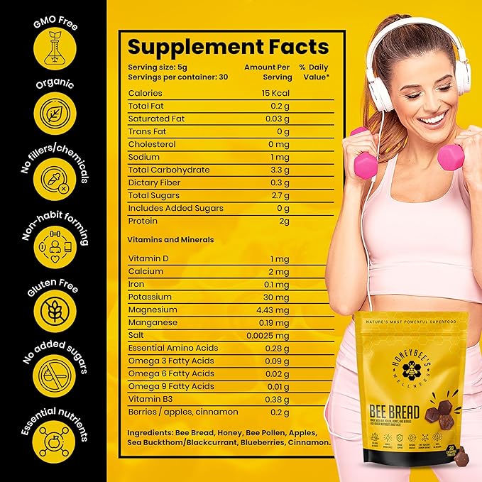 Honeybee's Wellness Bee Bread Natural Multivitamin Superfood | Bee Pollen, Propolis & Berries, 240+ Nutrients, Amino Acids, Minerals & Protein for Energy, Immunity & Vitality from Honey Bees