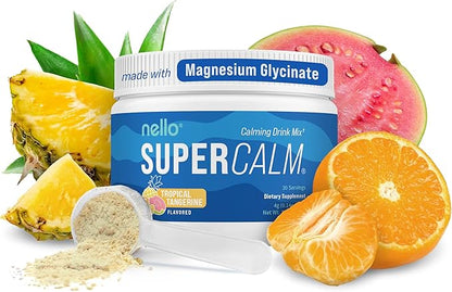 Nello Supercalm Powdered Drink Mix, Tropical Tangerine, L Theanine, Ksm-66 Ashwagandha, Magnesium Glycinate, Vitamin D 3, Supplements for Relaxation & Focus, Natural, No Sugar, Non GMO, Vegan, 30 Srvg