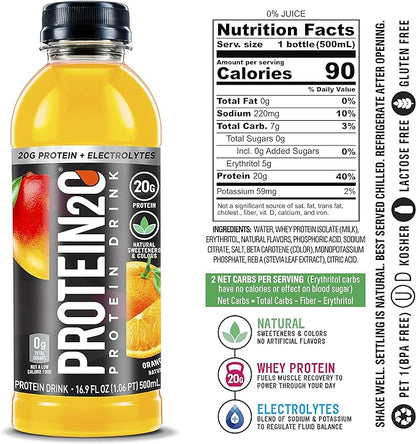 Protein2o 20g Whey Protein Isolate Infused Water Plus Electrolytes, Sugar Free Sports Drink, Ready To Drink, Gluten Free, Lactose Free, Orange Mango, 16.9 oz Bottle (12 Count)