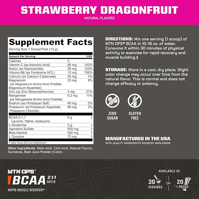 MTN OPS BCAA 2:1:1 Amino Acids Supplement Powder for Rapid Muscle Recovery & Repair with Zero Sugar & Gluten Free, 30 Servings (Strawberry Dragonfruit Trail Packs)