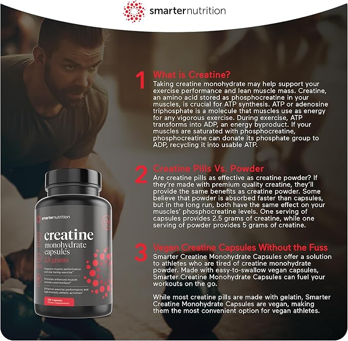 Smarter Nutrition Creatine Monohydrate Pills with 2500mg (2.5g) Per Serving, Vegan Capsules - Pre & Post Workout Recovery Support, Promotes Muscle Mass &. Endurance - 120 Count[60-Day Supply]