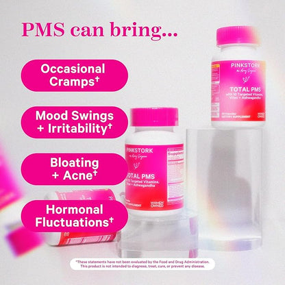 Pink Stork PMS Supplement for Women - Vitex, Ashwagandha, Maca Root & 10 Vitamins & Minerals to Support Hormone Balance, Mood, Bloating, Period Regularity - 60 Capsules