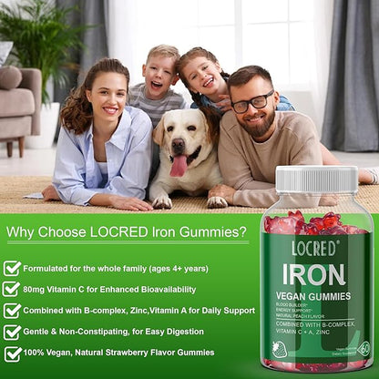 Vegan Iron Gummies,Multivitamin with Iron, Folate,Zinc for Man and Women,Strawberry Flavor (60 Ct)