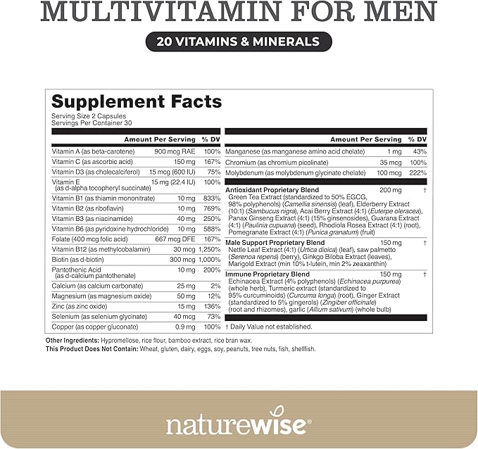 NatureWise Multivitamin for Men - Daily Male Support - Minerals & Herbs for Energy, Performance, Immunity - with Vitamin A, C, D, B-Complex - Soy & Gluten-Free, Non-GMO - 60 Capsules[1-Month Supply]