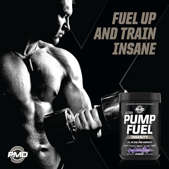 PMD Sports Ultra Pump Fuel Insanity - Pre Workout Drink for Energy, Strength, Endurance, Recovery - Complex Carbohydrates and Amino Energy - Wild Grape Gusher (30 Servings)