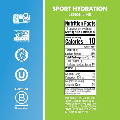 Nuun Sport Electrolyte Powder Packets - Lemon Lime Flavor | 5 Essential Electrolytes for Hydration | Easy Open Drink Mix with Magnesium | 1g Sugar | Non GMO, Vegan | 16 Single Serving Sticks