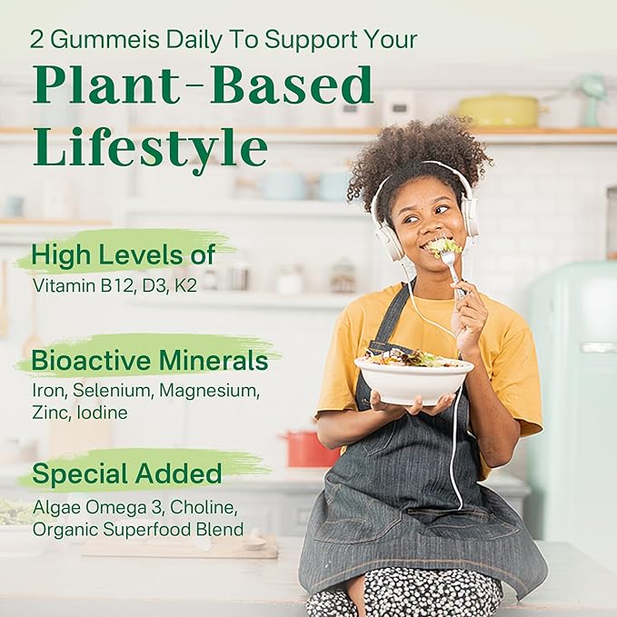 Multivitamin for Vegans & Vegetarians w/ Vitamin D3 K2, Methyl B12, Iron, Zinc, Choline, Algae Omega 3 from Sustainable Source, Women Men Daily Vitamins Gummies for Overall Wellness, No Sugar, 60 Cts