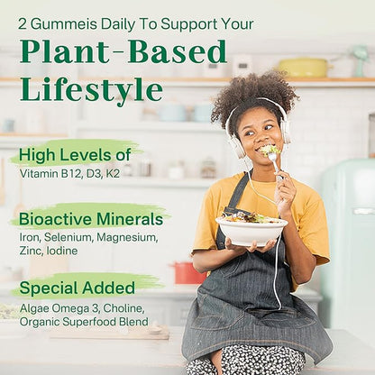 Multivitamin for Vegans & Vegetarians w/ Vitamin D3 K2, Methyl B12, Iron, Zinc, Choline, Algae Omega 3 from Sustainable Source, Women Men Daily Vitamins Gummies for Overall Wellness, No Sugar, 60 Cts