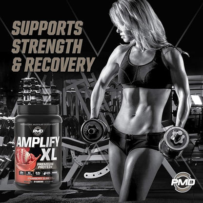 PMD Sports Amplify XL Premium Whey Protein Supplement Hydro Greens Blend - Glutamine and Whey Protein Matrix with Superfood for Muscle, Strength and Recovery - Strawberry Slam (24 Servings)