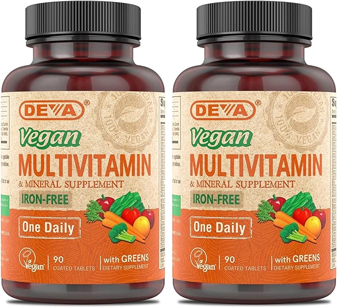 DEVA Vegan Multivitamin and Mineral Supplement - One Daily Vitamin Formula with Greens - Iron Free - 90 Coated Tablets (Pack of 2)