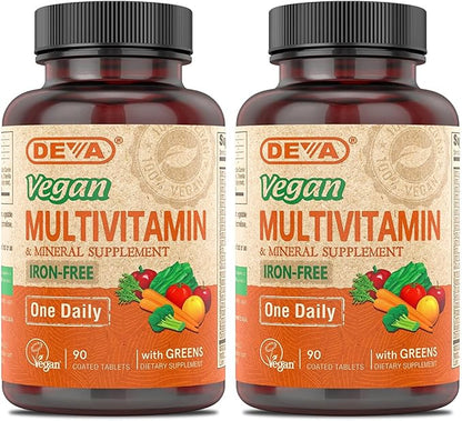 DEVA Vegan Multivitamin and Mineral Supplement - One Daily Vitamin Formula with Greens - Iron Free - 90 Coated Tablets (Pack of 2)
