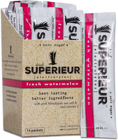 Superieur Electrolyte Powder Packets - Vegan Electrolyte Hydration Powder w/Sea Minerals - Keto Friendly, Non-GMO, Zero Sugar Electrolyte Supplement - Healthy Sports Drink - Watermelon (14 Packets)