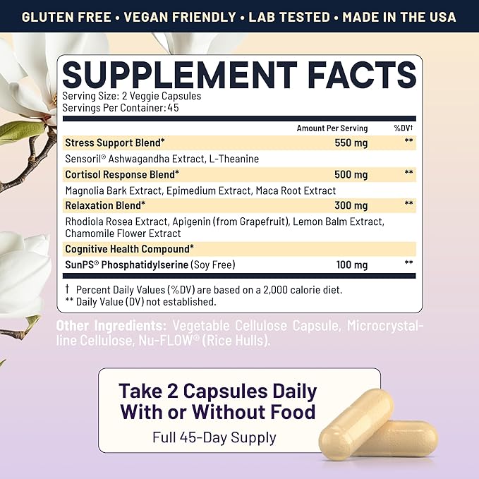 Cortisol Manager and Stabilizer Supplement | Supports Deep Sleep & Relaxation | Cortisol Supplement with Ashwagandha, L-Theanine, Rhodiola Rosea Extract & Apigenin | 90 Vegan Capsules
