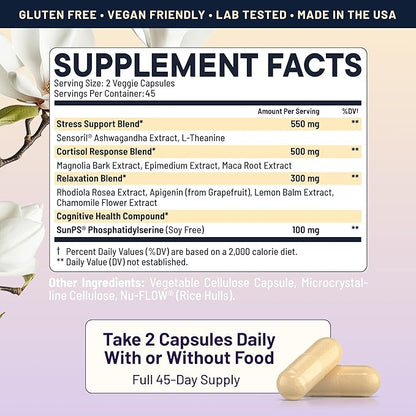 Cortisol Manager and Stabilizer Supplement | Supports Deep Sleep & Relaxation | Cortisol Supplement with Ashwagandha, L-Theanine, Rhodiola Rosea Extract & Apigenin | 90 Vegan Capsules