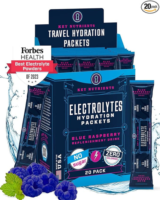 KEY NUTRIENTS Electrolytes Powder Packets - Delicious Blue Raspberry 20 Pack Hydration Packets - Travel Hydration Powder - Made in USA - No Sugar, No Calories, Gluten Free