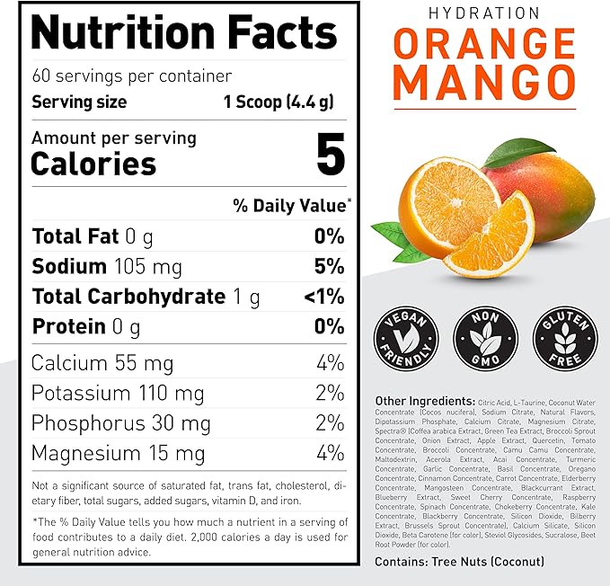 Kaged Electrolyte Hydration Powder | Hydracharge Orange Mango | Sports Drink for Men and Women | Pre, Post, Intra Workout Supplement | 60 Servings