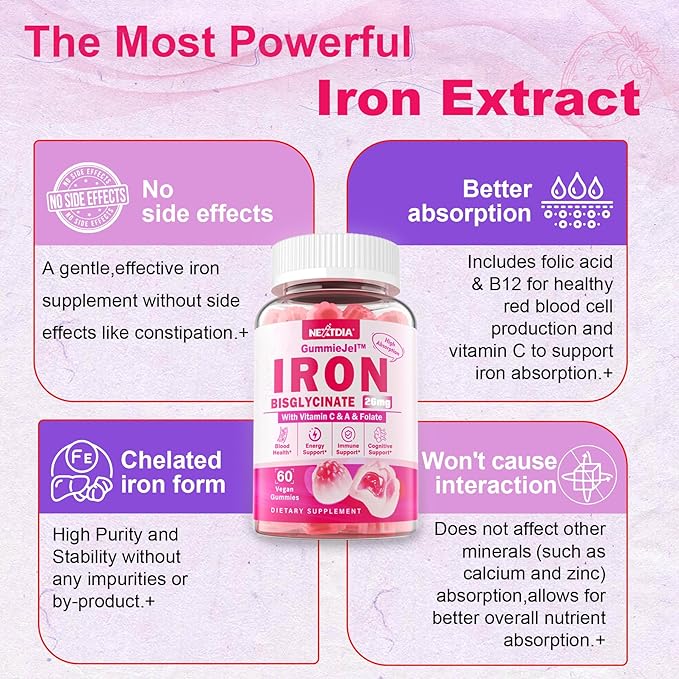 Iron Bisglycinate 26mg Filled Gummies - Gentle Beet Root Iron Gummy plus Vitamin C, Supplement Iron with B12 & Folate for Women & Men, Iron Deficiency, Immune & Energy Support, Sugar-Free, Vegan,60Cts