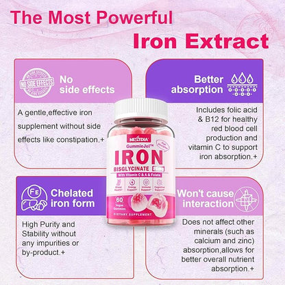 Iron Bisglycinate 26mg Filled Gummies - Gentle Beet Root Iron Gummy plus Vitamin C, Supplement Iron with B12 & Folate for Women & Men, Iron Deficiency, Immune & Energy Support, Sugar-Free, Vegan,60Cts