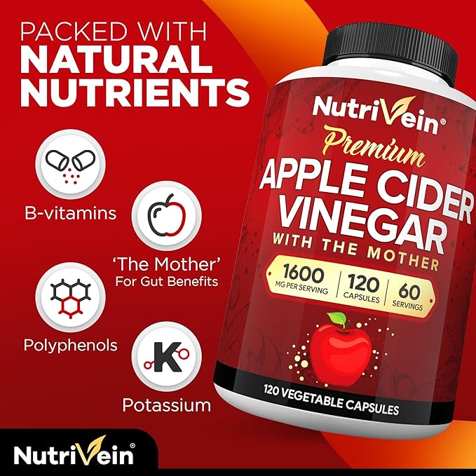 Nutrivein Apple Cider Vinegar Capsules with Mother - 1600mg - 120 Vegan Pills - Supports Healthy Diet, Digestion, Keto, Cleanser - Best Supplement for Immune System - ACV Raw