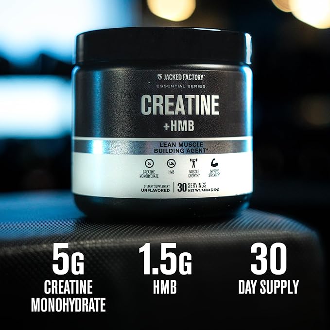 Jacked Factory Creatine Monohydrate + HMB - Creatine HMB Supplement & Lean Muscle Building Agent with Vitamin D - Increase Muscle Growth, Strength, Enhanced Energy - 30 Servings, Unflavoured