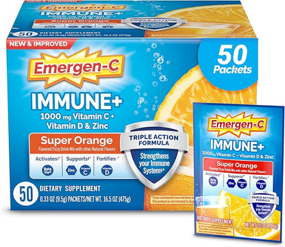 Emergen-C Immune+ Triple Action Immune Support Powder, BetaVia (R), 1000mg Vitamin C, B Vitamins, Vitamin D and Antioxidants, Super Orange – 50 Count