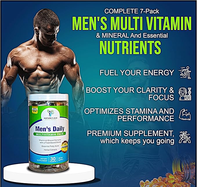 Nature's Aid Holistic Wellness Men's 7 Daily Multivitamins for Energy, Focus & Performance. Vitamin & Mineral Complex with a Food-Based Blend & Herbal Extracts.